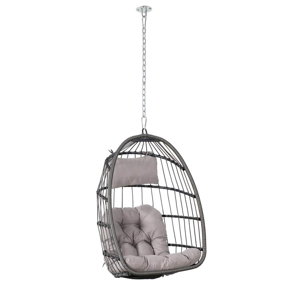 Wicker Patio Porch Swing Hanging Egg Chair with Light Grey Cushion