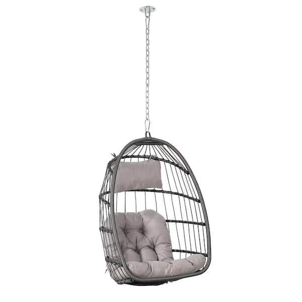 Freestyle Wicker Patio Porch Swing Hanging Egg Chair with Light Grey Cushion