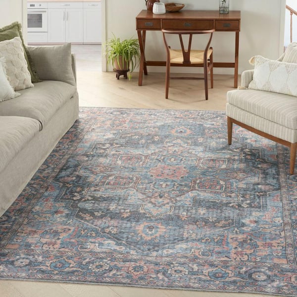 57 Grand Machine Washable Light Blue Multi 9 ft. x 12 ft. Floral Traditional Area Rug