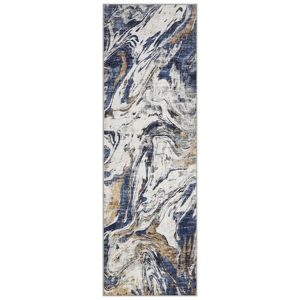 Blue 2 ft. x 6 ft. Modern Abstract Foldable Machine Washable Polyester Area Rug