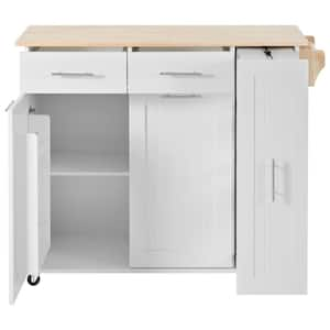 White Wood Kitchen Cart with Drop Leaf, 3 Tier Pull Out Cabinet Organizer, Internal Storage Rack, 2-Drawers