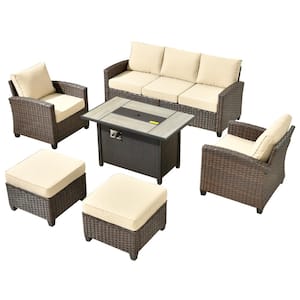 Palermo Brown 6-Piece Wicker Outdoor Modular Patio Furniture Sofa Set with Metal Fire Pit and Beige Cushions