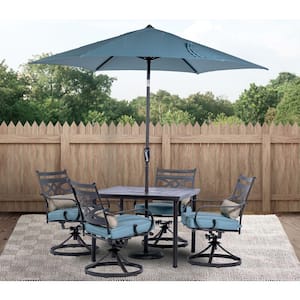 Montclair 5-Piece Steel Outdoor Dining Set with Ocean Blue Cushions, 4 Swivel Rockers, 40 in. Table and 9 ft. Umbrella