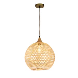 Lily 1-Light 48-Watt LED Modern Coastal Beige Pendant Light 16 in. Natural Rattan Airy Shade in Brass Finish