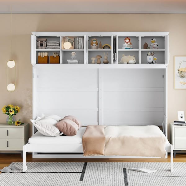 White Wood Frame Queen Size Murphy Bed with Top Cabinets