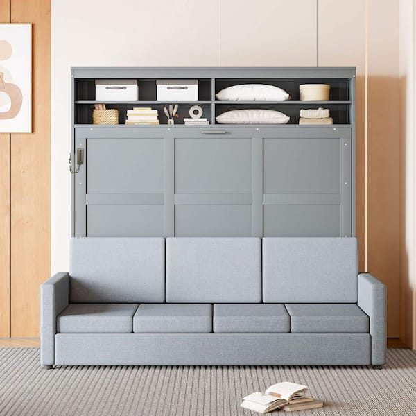 Gray Wood Frame Queen Size Murphy Bed with Sofa