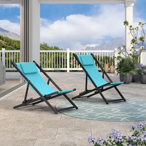 Aluminum Frame Patio Bistro Set With 2 Folding Portable Lounge Chairs, Turquoise Blue