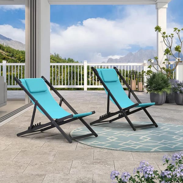 PURPLE LEAF Aluminum Frame Patio Bistro Set With 2 Folding Portable Lounge Chairs, Turquoise Blue