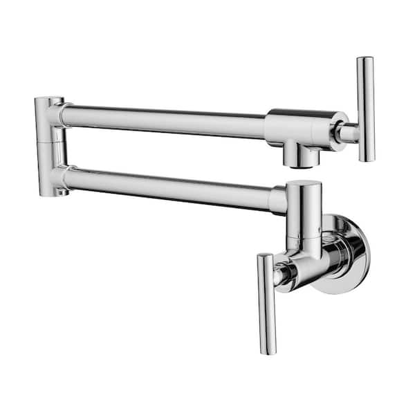 Wall Mounted Folding Pot Filler with Double-Handle Brass Stretchable Kitchen Sink Faucet in Chrome