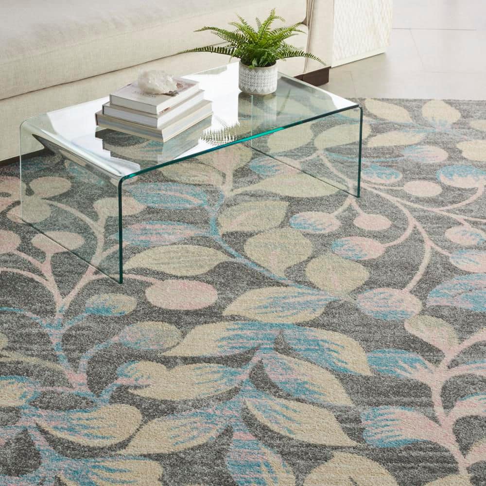 Grey and Beige Floral Synthetic 8' x 10' Area Rug