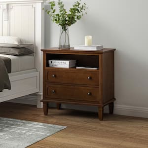 Juiien Traditional Farmhouse Solid Wood 2 Drawers Storage Nightstand with Charging Station and Adjustable Legs-Walnut