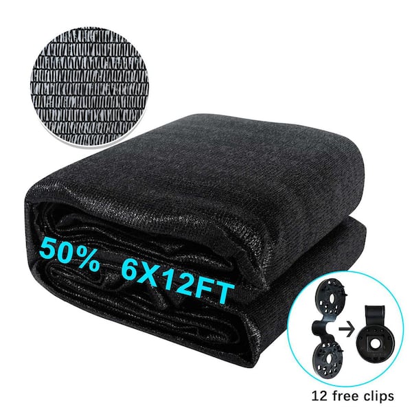 6 ft. x 12 ft. 50% Sun-Block Shade Cloth Net Mesh Shade with Clips for Garden Patio and Plants, Black