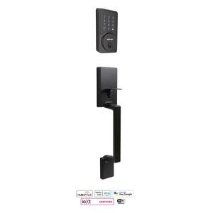 Vancouver Aged Bronze Door Handleset with Square Smart Hubspace WiFi Deadbolt and Hartford Interior Knob