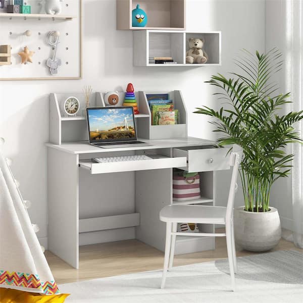 Costway Kids Study Desk Children Writing Table with Hutch Drawer Shelves and Keyboard Tray