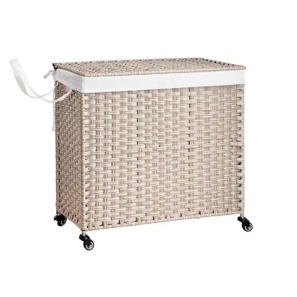 PARASOLAR Light Gray 27 x 13 x 26 Wicker Modern Rectangle Laundry Room Hamper with Removable Bags, Wheels