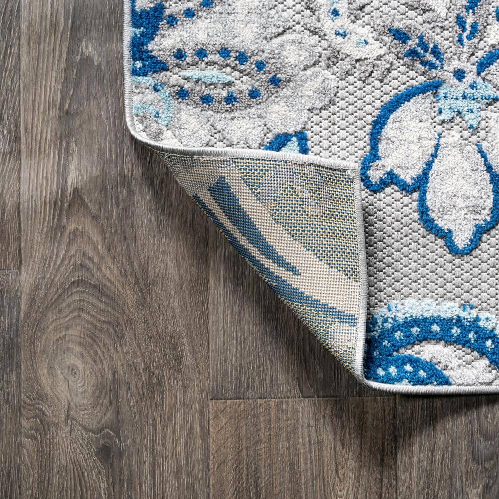 Paisley High-Low Light Gray and Blue Synthetic Indoor/Outdoor Rug