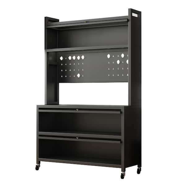 GQB 39 in. W Grey Kitchen Pantry Organizers Cabinet with Lockable Wheels, Clear PC Doors, Perforated Backsplash