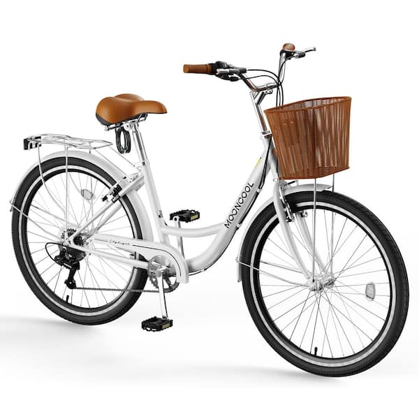 24 in. Beach Cruiser Bike for Adult 7-Speed Commute Bike 2-Wheel Cruiser Bike for Women with Basket and Rack, White