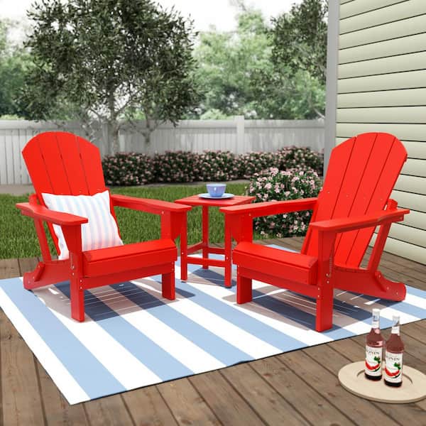 Laguna 3-Piece Fade Resistant Outdoor Patio HDPE Poly Plastic Folding Adirondack Chair Set with Side Table in Red