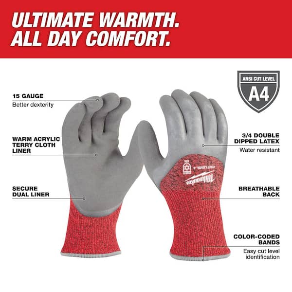 Large Gray Latex Level 4 Cut Resistant Insulated Winter Dipped Work Gloves