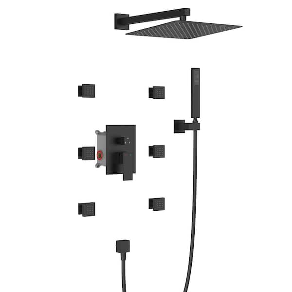 GIVING TREE 3-Spray Patterns with 2.0-GPM 12 in. Wall Mount Fixed Shower Head with Body Spray, Solid Brass Valve in Matte Black