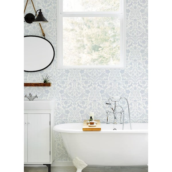 Forest Dance Light Blue Fabric Pre-Pasted Matte Damask Strippable Wallpaper