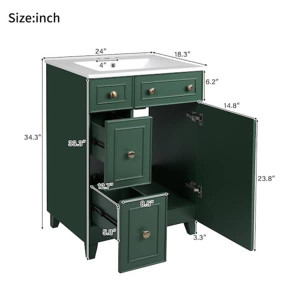 ZXDDMS 24 in. Single Sink Freestanding Dark Green Bath Vanity with