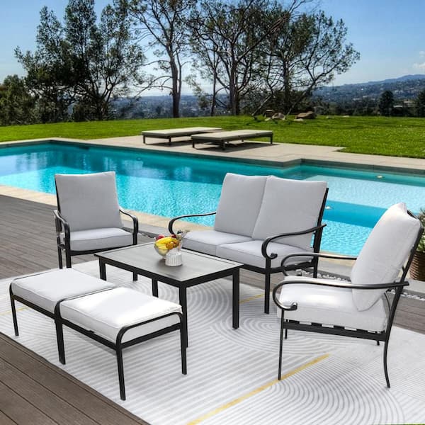 ITOPFOX 6-Pieces Metal Outdoor Sectional Sofa Patio Conversation Set with Ottomans, Frame Loveseat, Gray Cushions