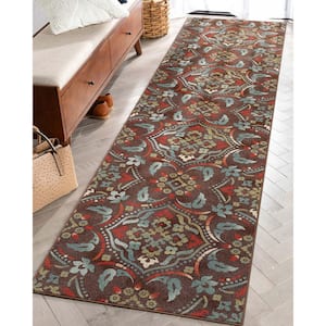 Brown 2 ft. 7 in. x 9 ft. 10 in. Kings Court Florence Modern Floral Runner Area Rug