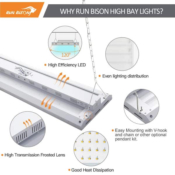 RUN BISON 4 ft. White 1000-Watt Equivalent Integrated LED Dimmable Linear High Bay Light, 40500 Lumens 5000K Dayllight