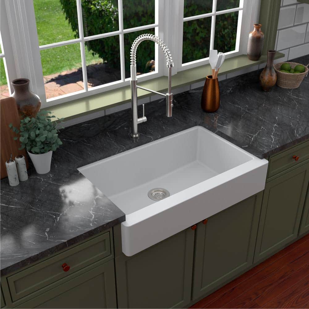 34'' Matte White Quartz Farmhouse Single Bowl Kitchen Sink