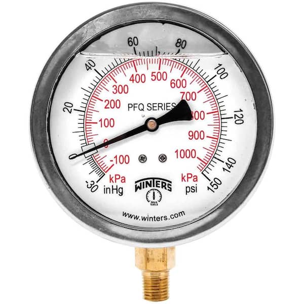 Winters Instruments PFQ Series 4 in. Stainless Steel Liquid Filled Case Pressure Gauge with 1/4 in. NPT LM and 30 in. Hg 0-150 psi/kPa