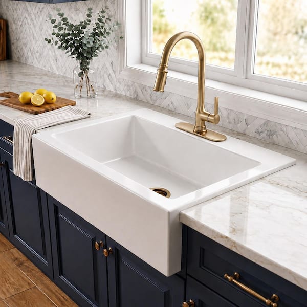 Josephine 34 in. 3-Hole Quick-Fit Farmhouse/Apron-Front Drop-In Single Bowl Crisp White Fireclay Kitchen Sink