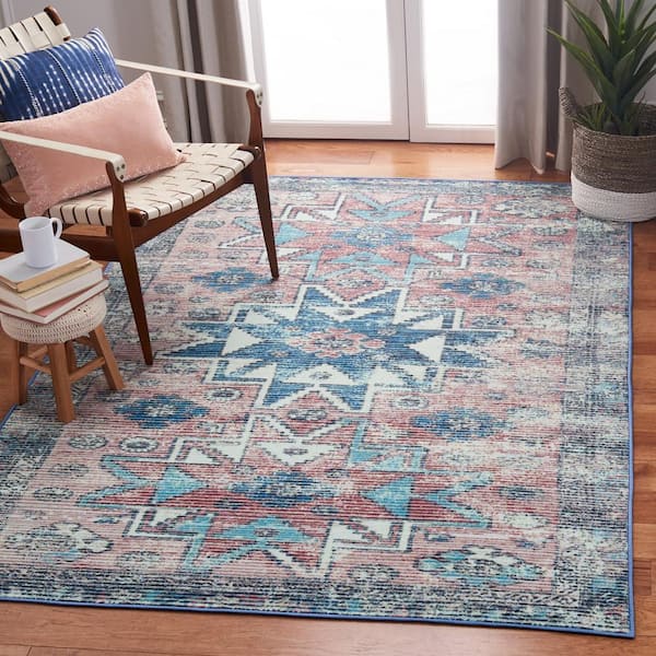 Journey Pink/Blue 8 ft. x 10 ft. Machine Washable Distressed Border Area Rug
