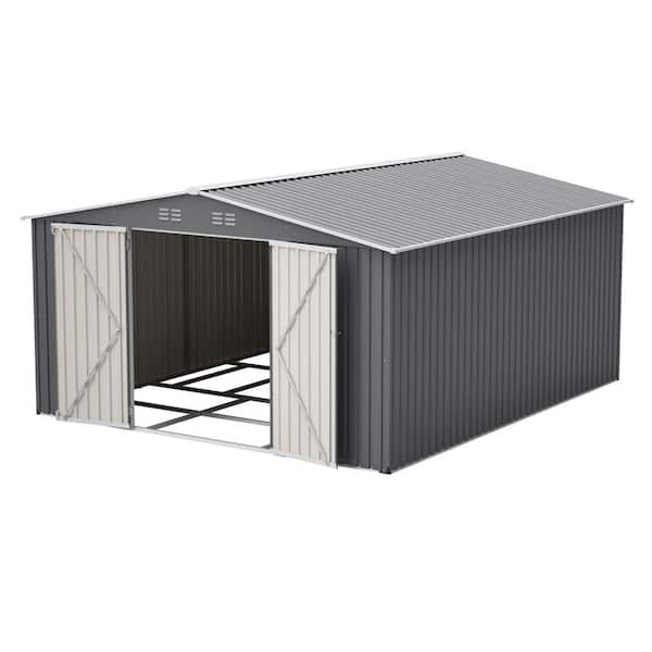 Gray 12 ft. W x 14 ft. D Waterproof Outdoor Metal Storage Shed, Large Garden Tool Shed with Lockable Doors (168 sq. ft.)