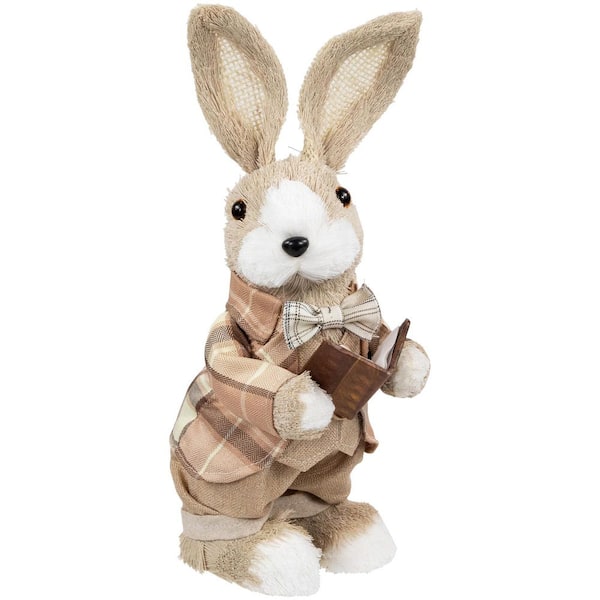Boy Easter Rabbit Figurine with Plaid Jacket-12 in.-Beige