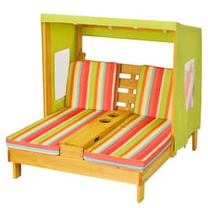 1-Piece Kids Wood Outdoor Chaise Lounge with Cup Holders and Awning and Colorful Cushions