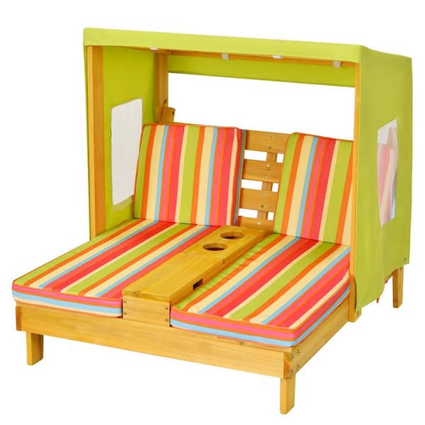 ANGELES HOME 1-Piece Kids Wood Outdoor Chaise Lounge with Cup Holders and Awning and Colorful Cushions