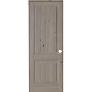 36 in. x 96 in. Knotty Alder 2 Panel Left-Hand Square Top V-Groove Grey Stain Solid Wood Single Prehung Interior Door