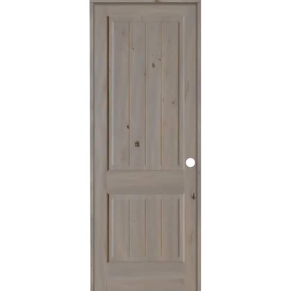 Krosswood Doors 36 in. x 96 in. Knotty Alder 2 Panel Left-Hand Square Top V-Groove Grey Stain Solid Wood Single Prehung Interior Door