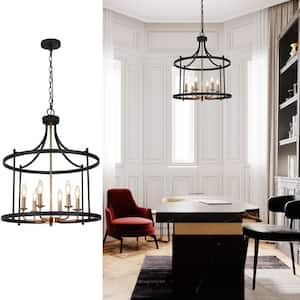 Modern Farmhouse 6-Light Black Chandelier Drum Island Ceiling Light with Brass Candlestick Lamp Holders for Dining Table