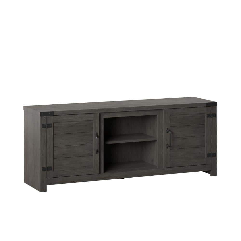 TV Stand for TVs up to 65  with Planked Doors and Nail Head Details in Weathered Gray