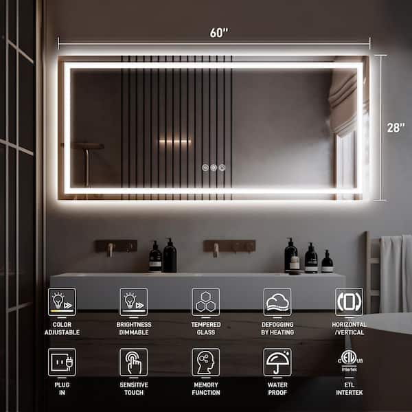 60 in. W x 28 in. H Rectangular Frameless Wall Mount 3-Colors Dimmable Anti-Fog LED Bathroom Vanity Mirror with Memory