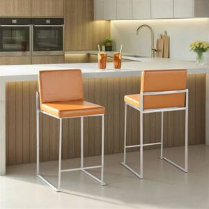 Fuji 26 in. Camel Faux Leather and Stainless Steel Metal Fixed-Height Counter Stool (Set of 2)