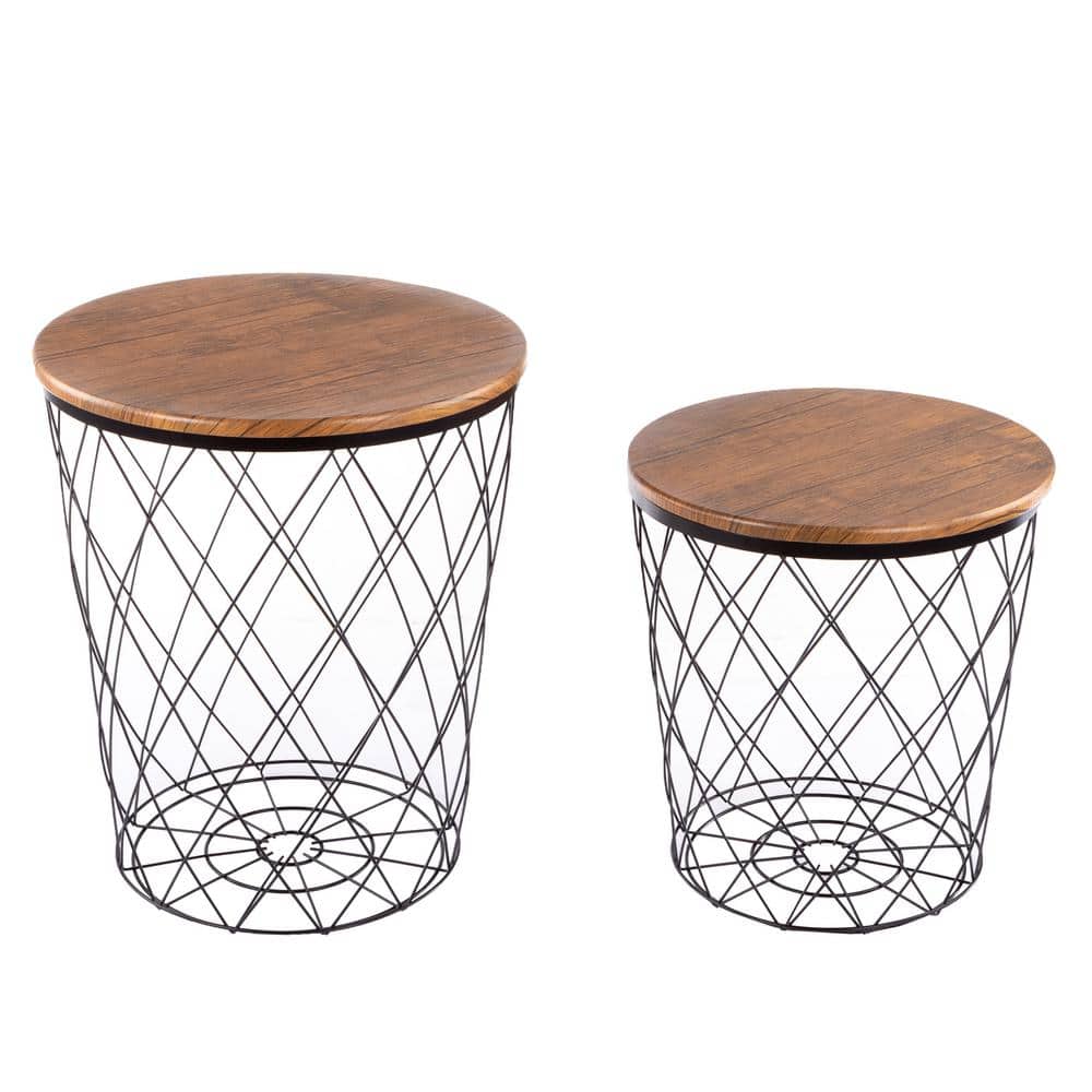 Rustic Brown and Black 24" Round Wood and Metal Nesting End Tables with Storage - Set of 2