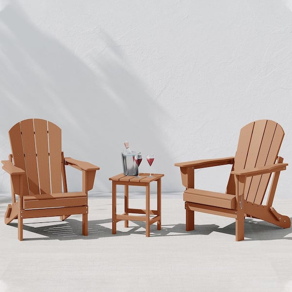 Laguna 3-Piece Fade Resistant Outdoor Patio HDPE Poly Plastic Folding Adirondack Chair Set with Side Table in Teak