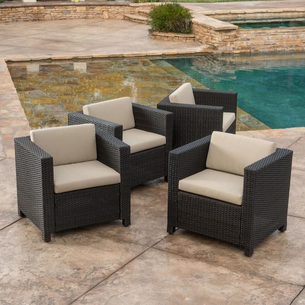 Clihome 4-Piece Wicker Outdoor Lounge Chair with Beige Cushions