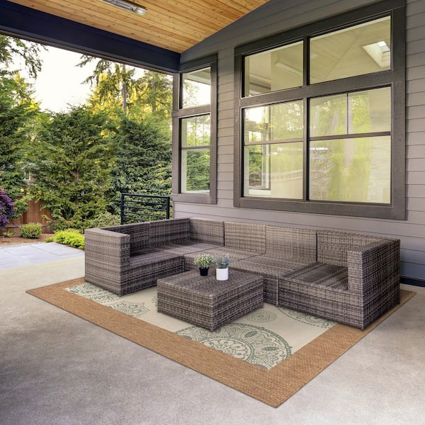 Indoor/Outdoor Ivory/Blue 6 ft. x 9 ft. Medallion Layering Area Rug