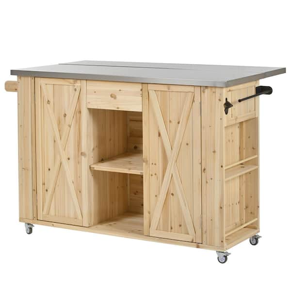 Natural Fir Wood Outdoor Bar Cart Kitchen Island with Stainless Steel Top, Towel and Spice Racks and a Bottle Opener