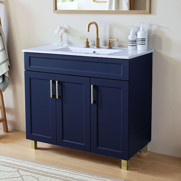 36 in. W x 18 in. D x 32 in. H Single Sink Blue Modern Bathroom Vanity with White Ceramic Sink Top